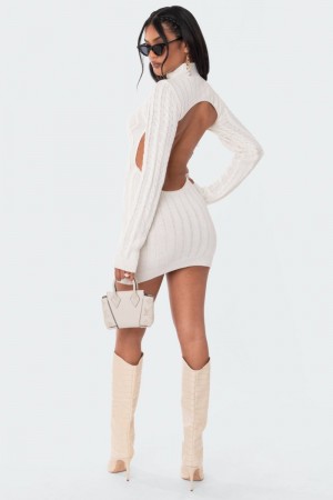 Edikted Cable Knit Open Back Long Sleeve Dress White | USA YQ430753G0