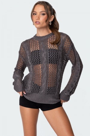 Edikted Cable Open Knit Sweater Dark Gray | USA SN182588O1