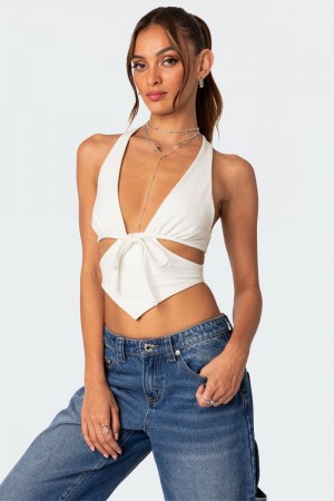 Edikted Cady Tie Front Cut Out Crop Tops Black | USA WS018011S8