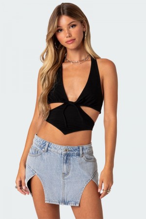 Edikted Cady Tie Front Cut Out Crop Tops Black | USA PY121442X3