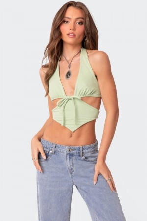 Edikted Cady Tie Front Cut Out Crop Tops Black | USA HH268036V6