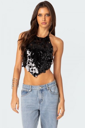 Edikted Caelia Sequin Open Back Crop Tops Black | USA UK051415G4
