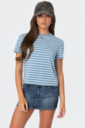 Edikted Callahan Striped T Shirts Blue | USA DK760876M5