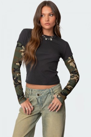 Edikted Camo Layered Long Sleeve T Shirts Dark Gray | USA KS482848R2