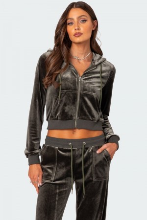 Edikted Camron Velvet Zip Up Hoodie Long Sleeve Tops Olive | USA FG207710V7