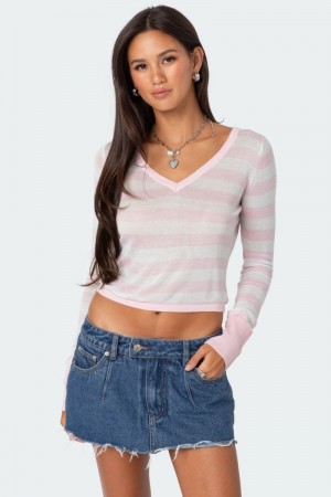 Edikted Candice Striped Knitted Tops Light Pink | USA IQ262746W4