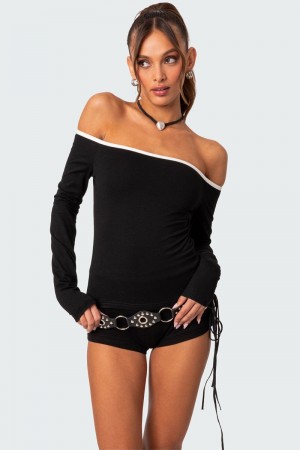 Edikted Captain Contrast Off Shoulder Long Sleeve Tops Black And White | USA LZ827082U2