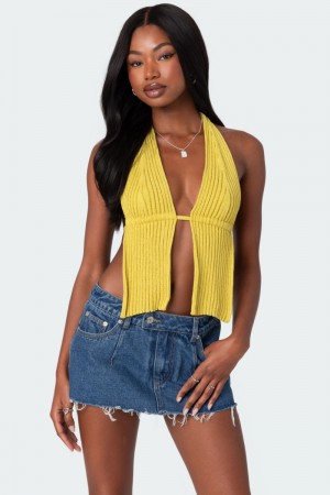 Edikted Caraway Ribbed Split Front Knitted Tops Green | USA ST523112F8