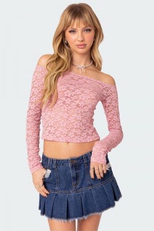 Edikted Carolina Off Shoulder Sheer Lace Long Sleeve Tops Pink | USA JS531943Y7