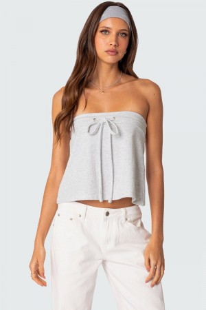 Edikted Caroline Tie Front Strapless Strapless Tops Gray Melange | USA UM743634Y7