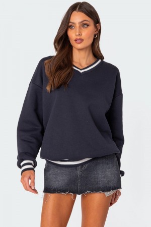 Edikted Caryn Oversized V Neck Sweatshirt Long Sleeve Tops Navy | USA KH883758R4