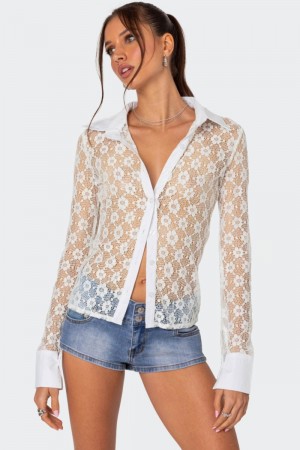 Edikted Cecilia Sheer Lace Button Up Shirt Long Sleeve Tops White | USA EJ281688H4