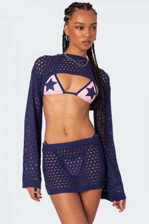 Edikted Celena Crochet Shrug Long Sleeve Tops Navy | USA CB425492L0