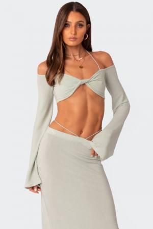 Edikted Celeste Off Shoulder Twist Crop Long Sleeve Tops Cream | USA JW917331X2