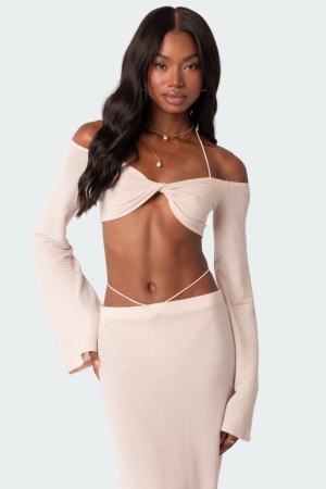 Edikted Celeste Off Shoulder Twist Crop Long Sleeve Tops Cream | USA HN894179K3