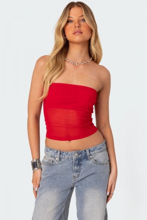 Edikted Celestia Sheer Mesh Tube Strapless Tops Black | USA RX728922U4