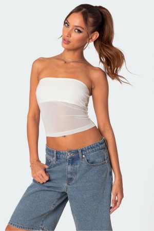 Edikted Celestia Sheer Mesh Tube Strapless Tops Black | USA CI731663V8