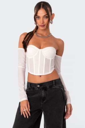 Edikted Cella Mesh Corset Long Sleeve Tops White | USA RM080298L7