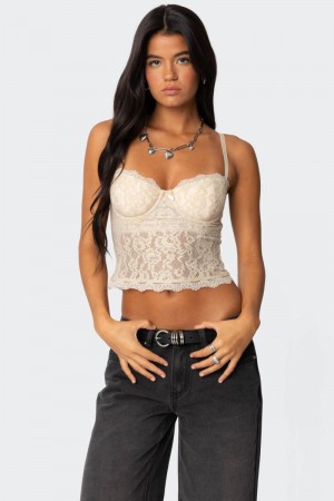 Edikted Charisma Sheer Lace Bra Corset Beige | USA KP742944L7