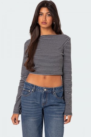 Edikted Charlee Striped Crop Tops Gray | USA TB923952E9