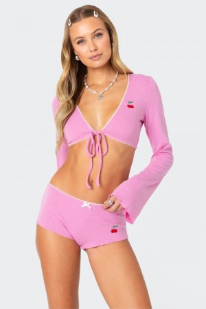 Edikted Cherrie Tie Front Pointelle Long Sleeve Tops Pink | USA MA064036R8