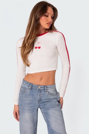 Edikted Cherry On Cropped T Shirt Long Sleeve Tops White | USA KB094839Y3