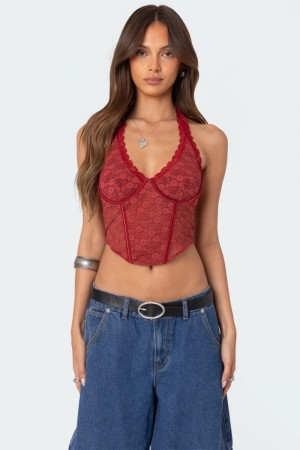 Edikted Chica Lace Halter Corset Burgundy | USA II150685J4