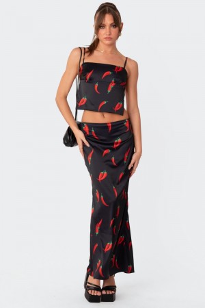 Edikted Chili Satin Low Rise Back Slitted Maxi Skirts Black | USA OQ286318D5