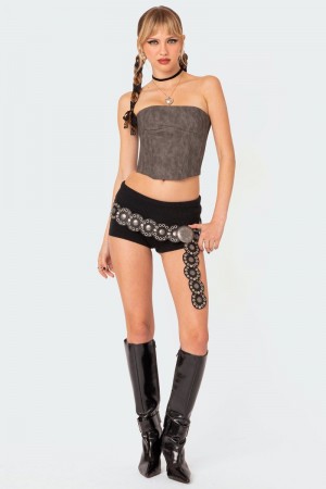 Edikted Christa Washed Faux Leather Corset Strapless Tops Gray | USA AZ529482I8