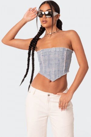 Edikted Cici Distressed Denim Corset Light Blue | USA UI314881Y4