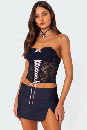 Edikted Cinch Sheer Lace Corset Strapless Tops Navy | USA CA692049O0