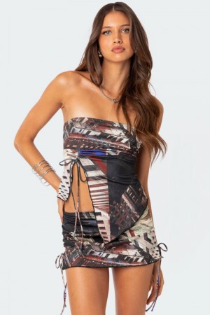 Edikted City Lyfe Asymmetric Printed Tube Strapless Tops Mix | USA HM509120L7