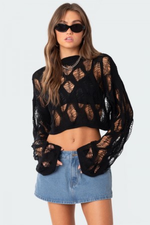 Edikted Clover Distressed Sweater Black | USA AC311821X9