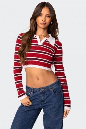 Edikted Collared Stripey Ribbed Crop Knitted Tops Red | USA DP239093C2