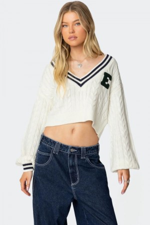 Edikted Collegiate Cropped Cable Knit Sweater Long Sleeve Tops Cream | USA UK656695X4