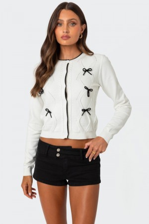 Edikted Contrast Bow Knit Cardigan Cream | USA FE955835G5