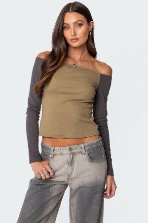 Edikted Contrast Off Shoulder Long Sleeve Tops Gray Melange | USA QZ820202I6