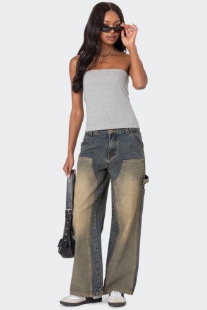 Edikted Contrast Panel Low Rise Washed Jeans Blue Washed | USA AD752945X1