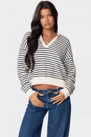 Edikted Copenhagen Oversized Striped Sweater Navy And Cream | USA WU492459F7