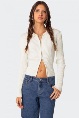 Edikted Cora Knitted Zip Up Cardigan Cream | USA OD907920M1
