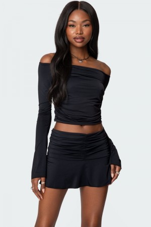 Edikted Corey Off The Shoulder Gathered Long Sleeve Tops Black | USA KE622382O8