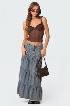 Edikted Countryside Tiered Washed Denim Maxi Skirts Blue | USA ZG969176P0