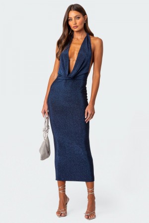 Edikted Cowl Neck Open Back Maxi Dress Maxi Dress Navy | USA ZT738483C3