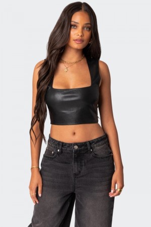 Edikted Crescent Faux Leather Crop Tops Black | USA UG908150S6