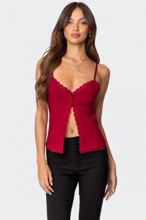 Edikted Crimson Lacey Split Front Tank Top Burgundy | USA KE536373T6