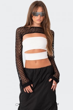 Edikted Crochet Shrug Sleeve Long Sleeve Tops Black | USA PR006760H8