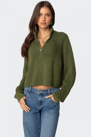 Edikted Cropped Rib Knit Half Zip Sweater Olive | USA FR312331C8