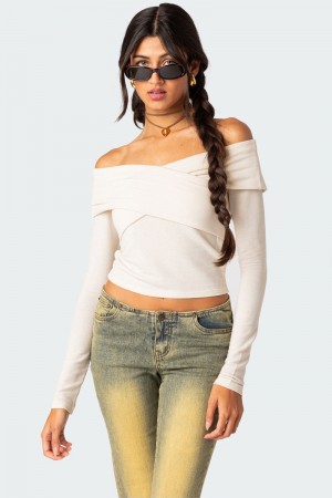 Edikted Crossover Off Shoulder Long Sleeve Tops Cream | USA CK410281B4