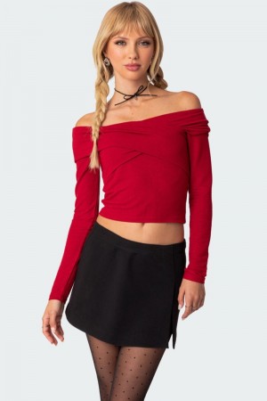 Edikted Crossover Off Shoulder Long Sleeve Tops Cream | USA DU372667H6