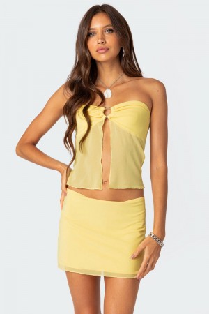 Edikted Cyrene Split Front Sheer Mesh Strapless Tops Yellow | USA BD192649E8